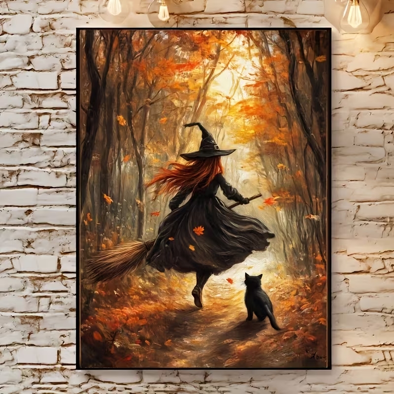Home Decor Quirky - Retro Halloweenowa Jesienna Wiedźma na Miotle