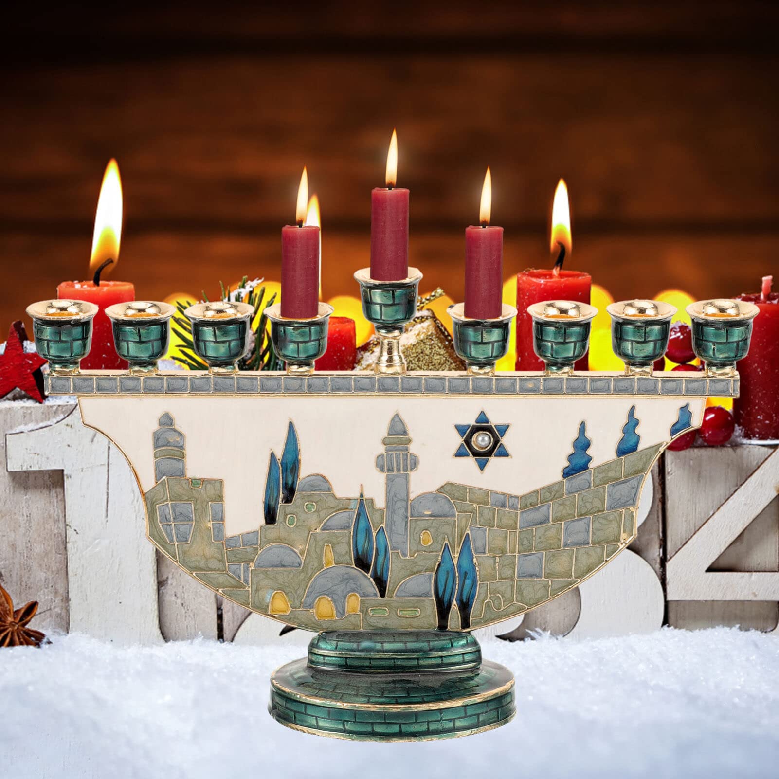 Home Decor In - Jerozolimska Menora Świecznik Chanukah 9-ramienny Emaliowany